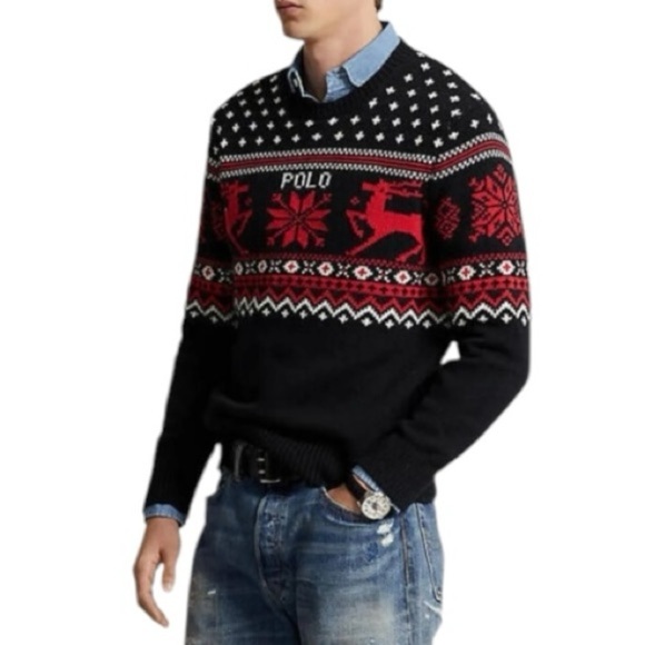 POLO RALPH LAUREN Reindeer Cotton Cashmere Crewneck Sweater Fair Isle Size L NEW - Picture 1 of 12